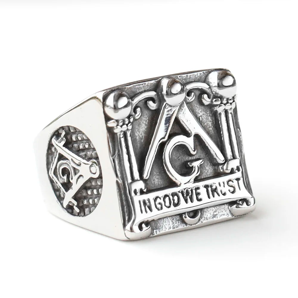Silver-tone Masonic pillar ring inscribed In God We Trust
