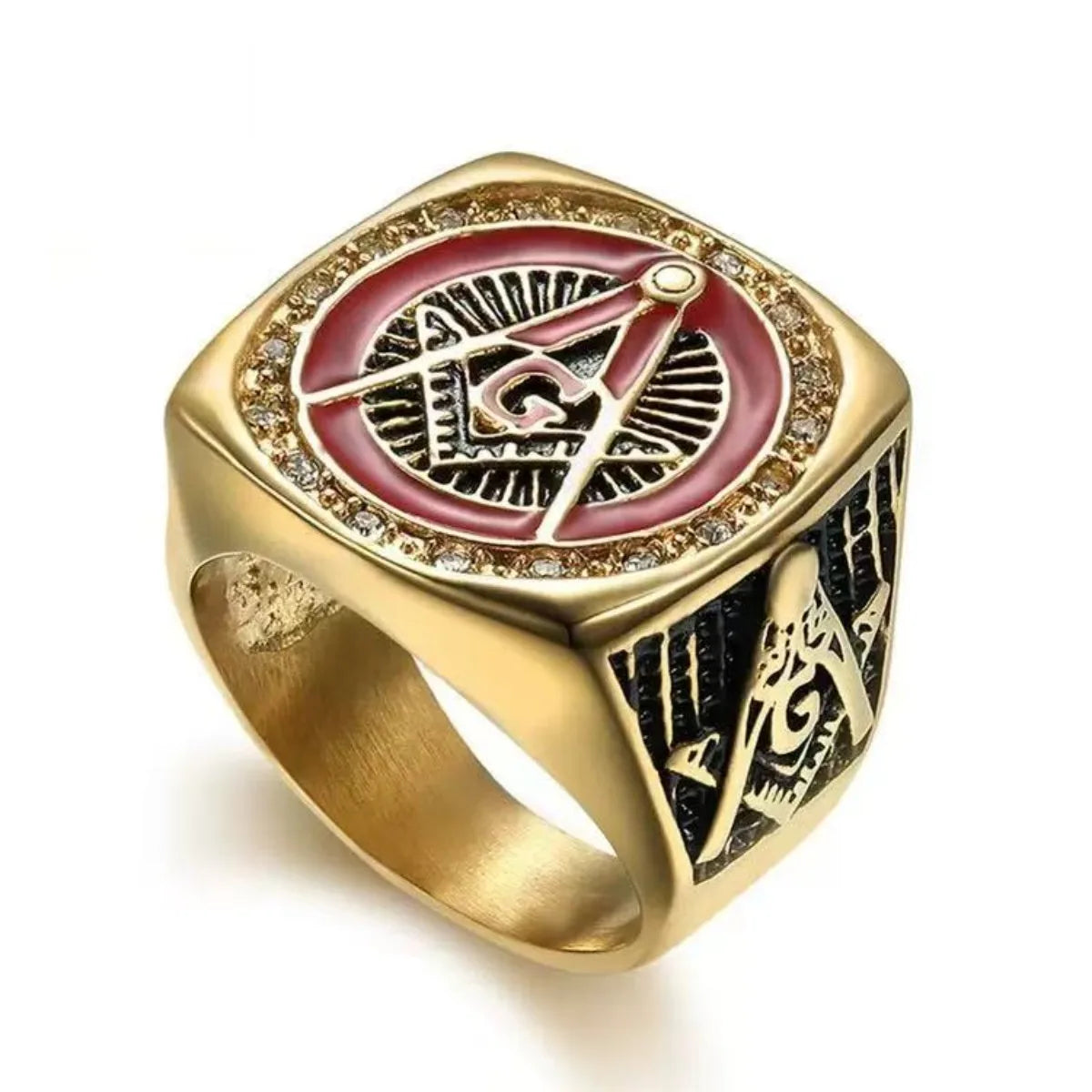 Gold-tone Masonic signet with red medallion and Square and Compasses