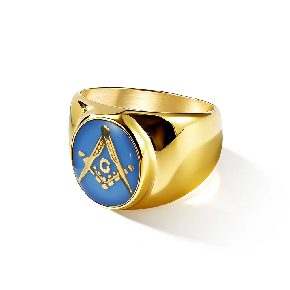 Gold-tone blue Masonic ring with raised G emblem