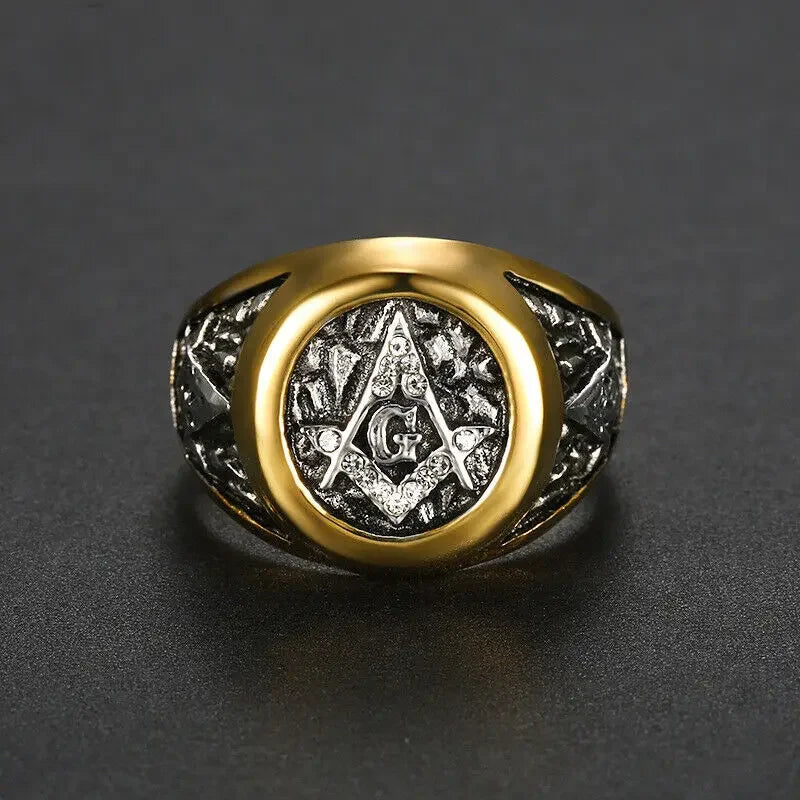 Front view of stone-set Masonic ring on black background