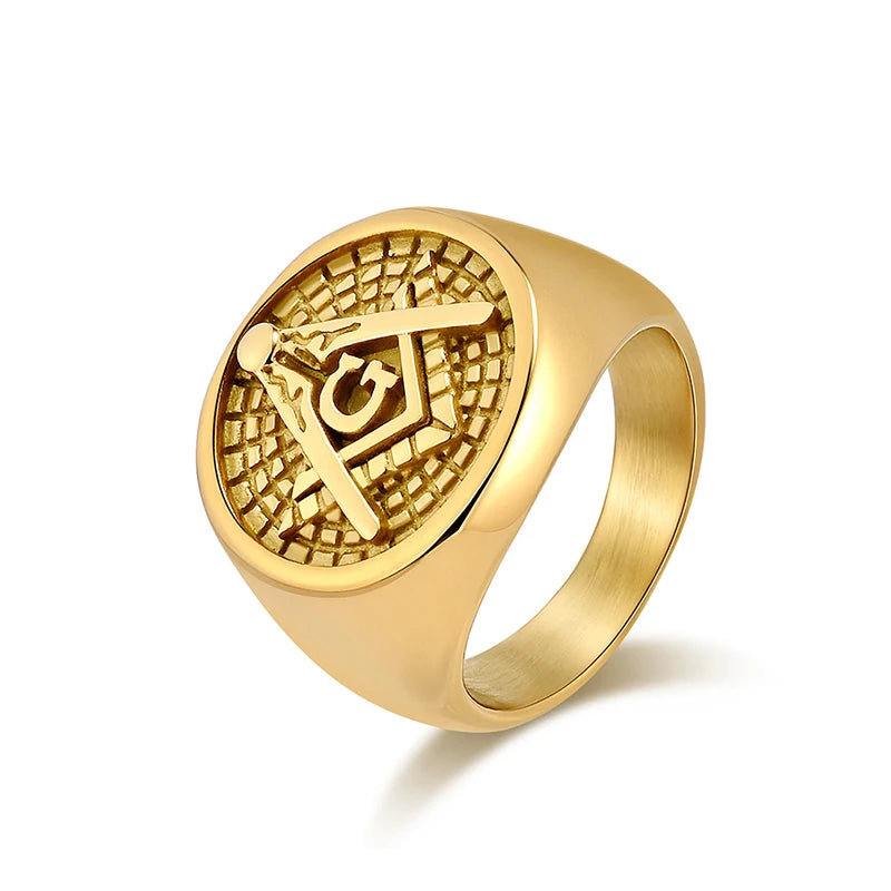Gold-tone round Masonic signet with grid-textured face