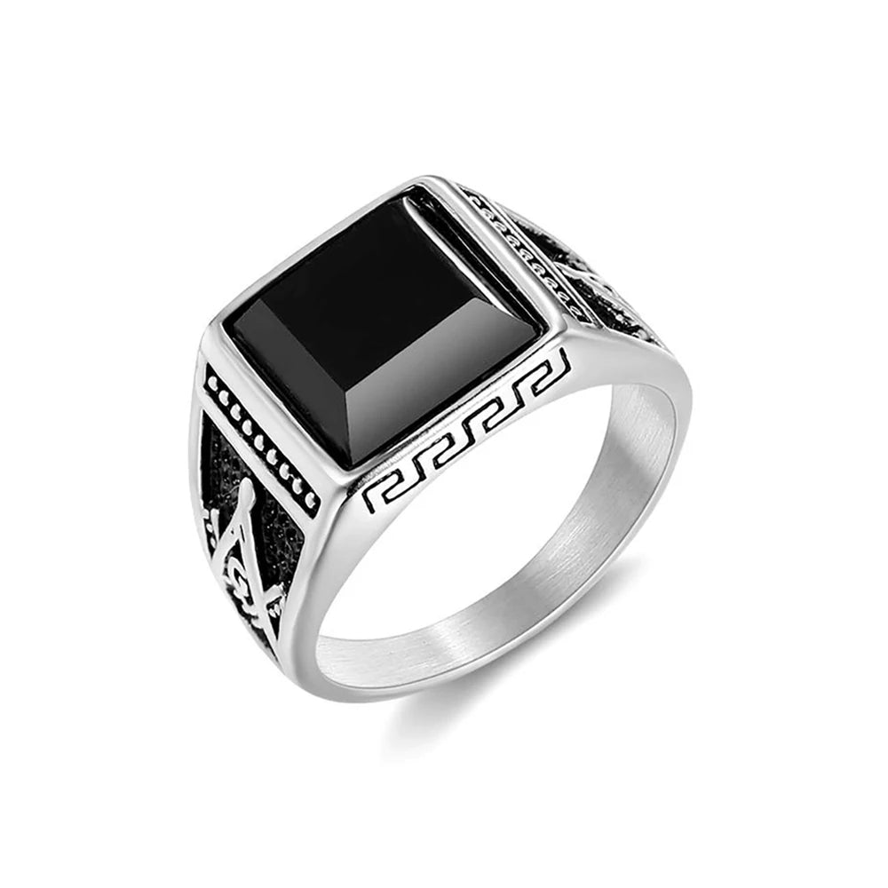 Silver-tone black-stone Masonic ring with Greek-key border