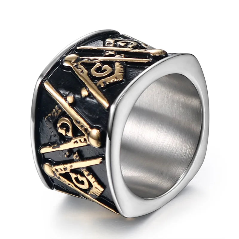 Antiqued silver-tone wide Masonic band with dark recessed panels