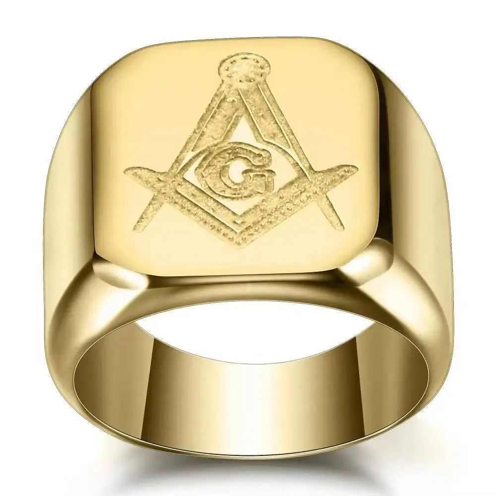 Front of gold-tone polished cushion Masonic ring