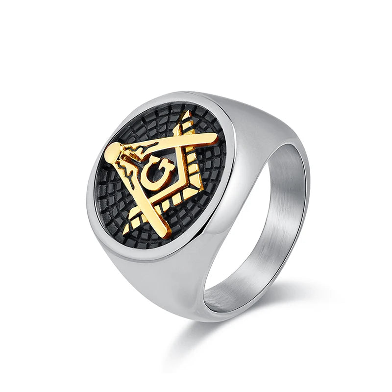 Silver-tone grid-face Masonic ring with gold-tone emblem